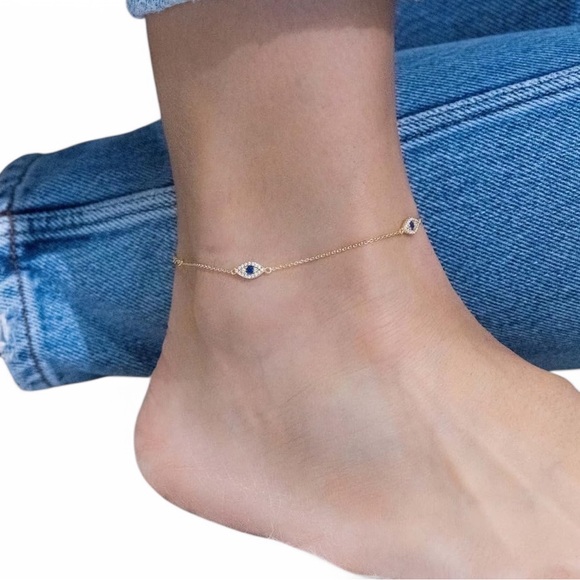 Anthropologie Jewelry - Evil Eye Anklet gold (good luck!) With White & Blue Gems